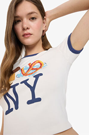 Coool Fitted Crop Bisiklet Yaka Baskılı Ribana Kısa Kollu Tişört