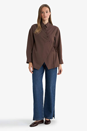 Regular Fit Gömlek Yaka Önden Bağlamalı Poplin Uzun Kollu Gömlek Tunik