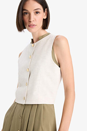 Fitted Bisiklet Yaka Düğmeli Yelek