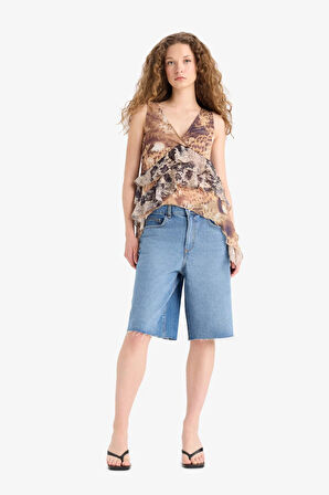 DeFacto Regular Fit V Yaka Leopar Desenli Kolsuz Bluz F2243AX25SMBN341