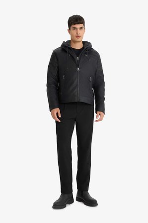 Su İtici Slim Fit Dar Kesim Çıkarılabilir Kapüşonlu Pelüş Astarlı Fermuarlı Suni Deri Ceket Mont