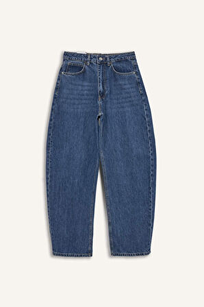 Barrel Fit Yüksek Bel Katlamalı Paça Jean Yıkamalı Pantolon