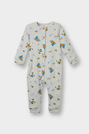 Erkek Bebek Yenidoğan Desenli Fitilli Kaşkorse Uzun Kollu Tulum