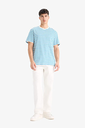 DeFacto %100 Pamuk Regular Fit Bisiklet Yaka Kısa Kollu Pamuklu Çizgili Tişört E2637AX25SMBE535