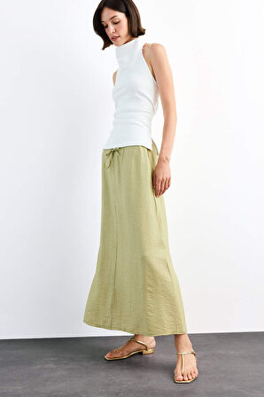 Relax Fit Beli Lastikli Krinkıl Kumaş Midi Etek