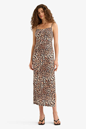Bodycon Vücudu Saran Leopar Desenli Askılı Maxi Elbise
