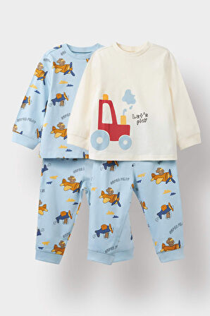 Erkek Bebek 4'lü Pijama Takımı Uçak Baskılı Uzun Kollu Penye Üst Uzun Alt