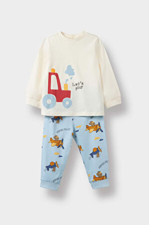 Erkek Bebek 4'lü Pijama Takımı Uçak Baskılı Uzun Kollu Penye Üst Uzun Alt