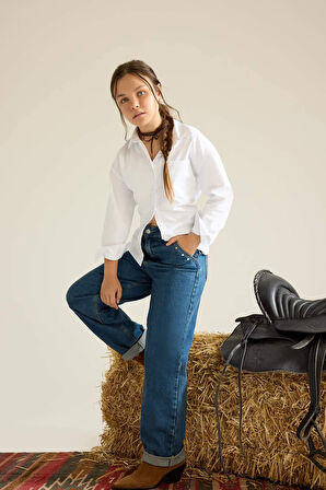 Kız Çocuk Baggy Fit Geniş Paça Jean Pantolon