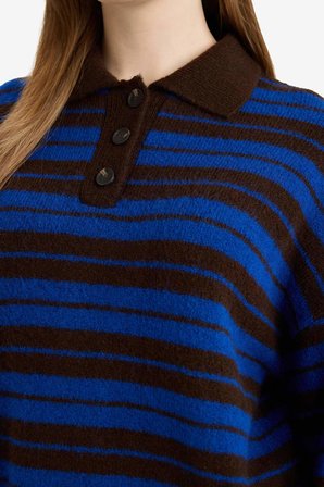 DeFacto Loose Fit Polo Yaka Çizgili Triko Kazak Tunik G7240AX25CWBN468