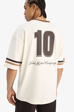 %100 Pamuk Ford Motor Company Loose Fit V Yaka Kısa Kollu Tişört