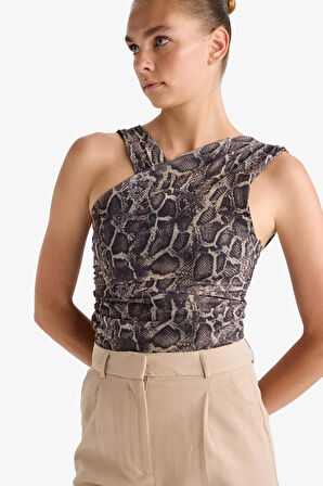 Yılan Derisi Desenli Halter Yaka Tül Bluz 