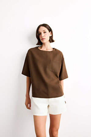 Relax Fit Bisiklet Yaka Dokuma Kısa Kollu Gömlek