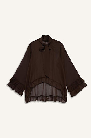 Overshirt Fit Fiyonk Yaka Şifon Uzun Kollu Bluz