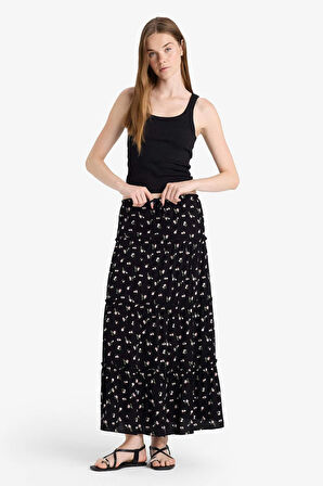 Floral Yüksek Bel Pamuk Astarlı Maxi Etek