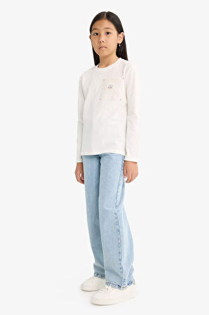 Kız Çocuk Oversize Geniş Kalıp Bisiklet Yaka Baskılı Uzun Kollu Tişört