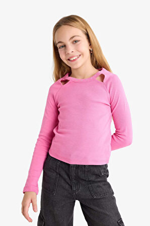 Kız Çocuk Slim Fit Dar Kesim Taşlı Yaka Baskılı Fitilli Kaşkorse Uzun Kollu Tişört