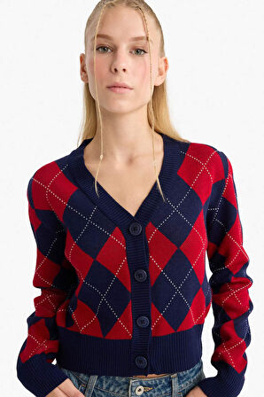 Coool Fitted V Yaka Baklava Desenli Düğmeli Hırka