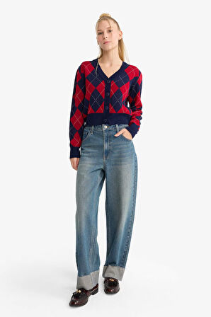 Coool Fitted V Yaka Baklava Desenli Düğmeli Hırka