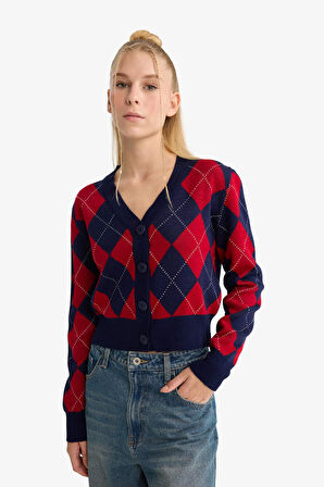 Coool Fitted V Yaka Baklava Desenli Düğmeli Hırka