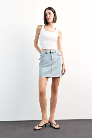 İşlemeli Mini Jean Etek