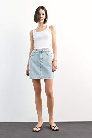 İşlemeli Mini Jean Etek