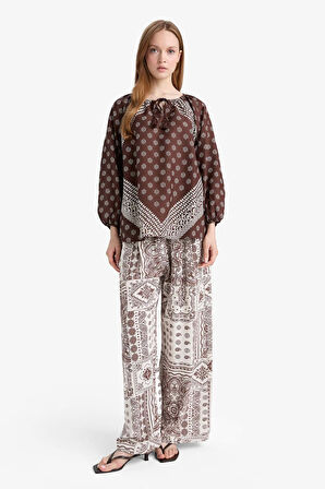 Wide Leg Cep Detaylı Geniş Paça Keten Karışımlı Pantolon