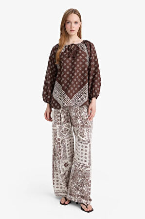 Wide Leg Cep Detaylı Geniş Paça Keten Karışımlı Pantolon