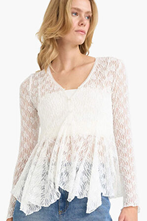 Fitted V Yaka Düğmeli Dantel Uzun Kollu Bluz