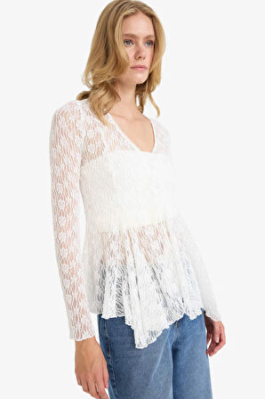 Fitted V Yaka Düğmeli Dantel Uzun Kollu Bluz