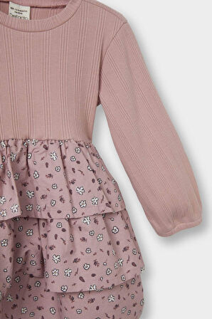 Kız Bebek Çiçekli Uzun Kollu Fitilli Kaşkorse Elbise