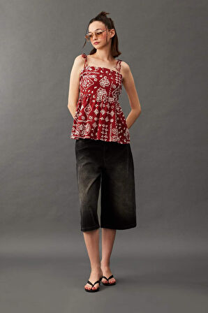 Flare Fit Şal Desenli Poplin Kolsuz Bluz