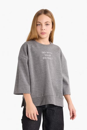 DeFacto Oversize Geniş Kalıp Bisiklet Yaka Baskılı Sweatshirt Kız Çocuk G2461A825AUAR148