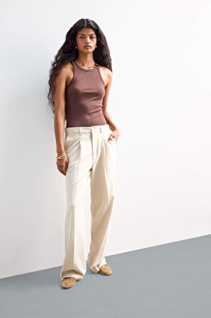 Wide Leg Fermuarlı Yüksek Bel Standart Boy Pantolon
