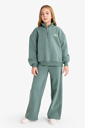 Kız Çocuk 2'li Takım Baskılı Yarım Fermuarlı Sweatshirt Geniş Paça Eşofman Altı