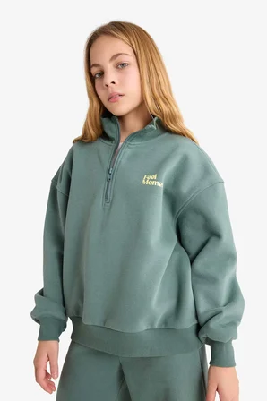 Kız Çocuk 2'li Takım Baskılı Yarım Fermuarlı Sweatshirt Geniş Paça Eşofman Altı