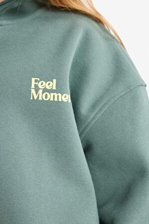 Kız Çocuk 2'li Takım Baskılı Yarım Fermuarlı Sweatshirt Geniş Paça Eşofman Altı