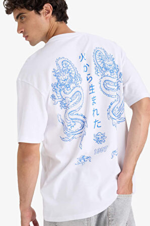 Boxy Fit Bisiklet Yaka Sırt Baskılı Kısa Kollu Tişört 