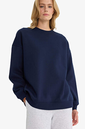 Oversize Geniş Kalıp Bisiklet Yaka Basic Düz Kalın Sweatshirt