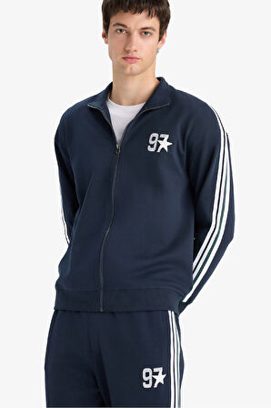 Boxy Fit Dik Yaka Baskılı Fermuarlı Sweatshirt