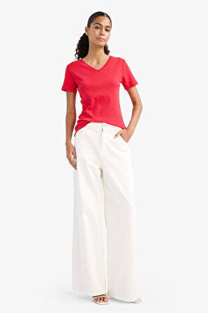 Slim Fit Dar Kesim V Yaka Basic Düz Ribana Kısa Kollu Tişört