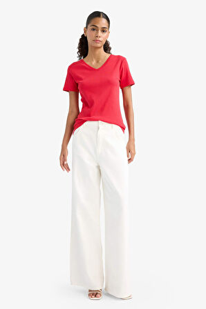 Slim Fit Dar Kesim V Yaka Basic Düz Ribana Kısa Kollu Tişört