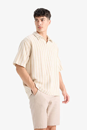 Oversize Geniş Kalıp Polo Yaka Çizgili Kısa Kollu Gömlek