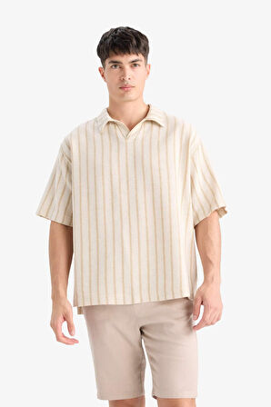 Oversize Geniş Kalıp Polo Yaka Çizgili Kısa Kollu Gömlek