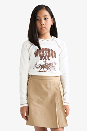 Kız Çocuk Okula Dönüş Slim Fit Dar Kesim Bisiklet Yaka Slogan Baskılı Ribana Uzun Kollu Tişört