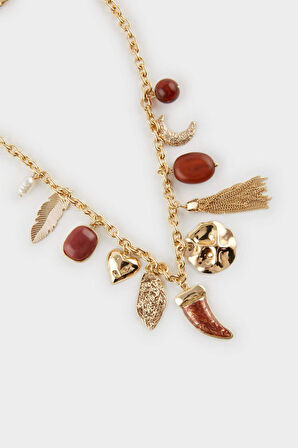 Kadın Kahverengi Taşlı Gold Kolye