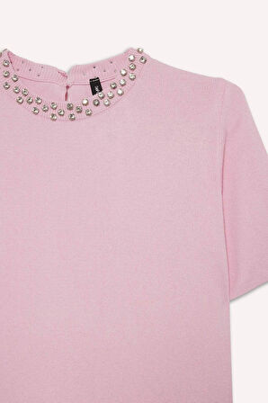 Regular Fit Bisiklet Yaka İşlemeli Krep Kazak