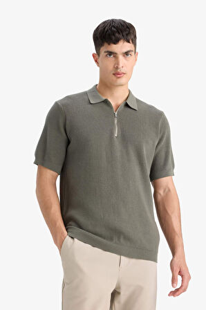 %100 Pamuk Standart Fit Yarım Fermuarlı Kısa Kollu Triko Polo Tişört