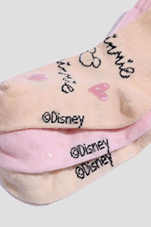 Kız Bebek Disney Mickey & Minnie Kaydırmaz Taban 3'lü Pamuklu Uzun Çorap