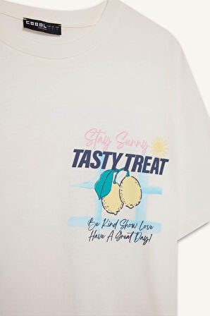 DeFacto Coool Oversize Geniş Kalıp Bisiklet Yaka Baskılı Kısa Kollu Beyaz Tişört F2786AX25SMWT32